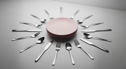 Minimalist Table Setting: Silverware Circularly Arranged Around Stacked Pink Plates, Elegant Dining Design
