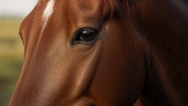 Close-up of a somber brown thoroughbred horse's face with expressive eyes