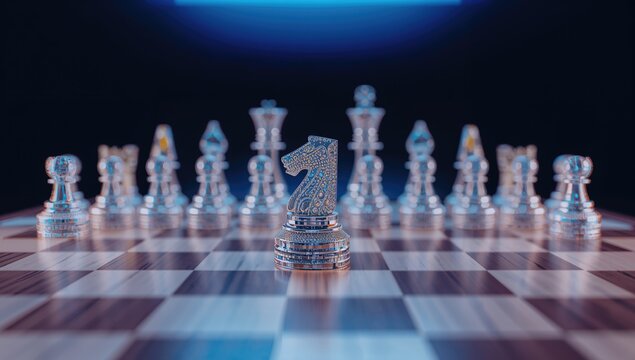 Checkerboard with chess pieces in soft lighting, selective focus, text space available