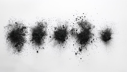 Fototapeta premium Abstract powder splatters on a white surface, showcasing the dynamic movement of black powder particles