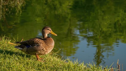Duck Resting On Grass Near Serene Water, Observing Nature