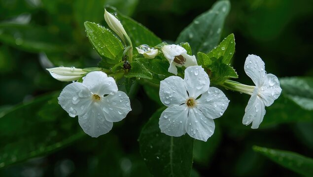 Water droplets on delicate white vinca blossoms in a garden setting