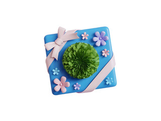 Vibrant blue 3D gift box wrapped with a pink ribbon and spring floral decorations isolated on transparent background