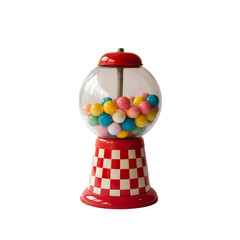 Vintage gumball machine featuring a red and white checkered base filled with brightly colored candies isolated on transparent background