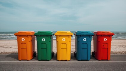 Trash bins placed along the shoreline, promoting effective waste segregation