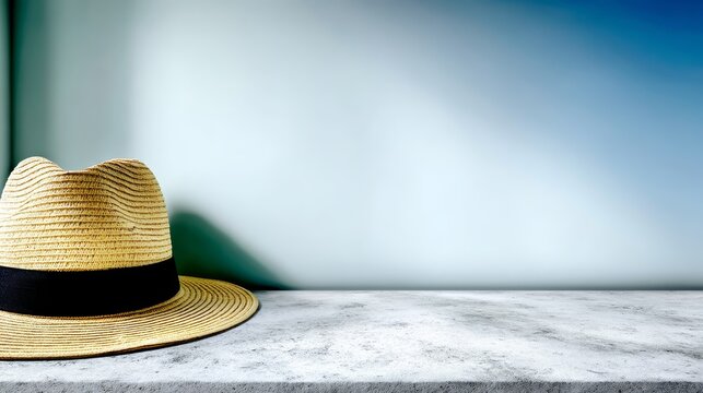 Straw hat rests on table surface woven straw hat displayed on plain wooden table