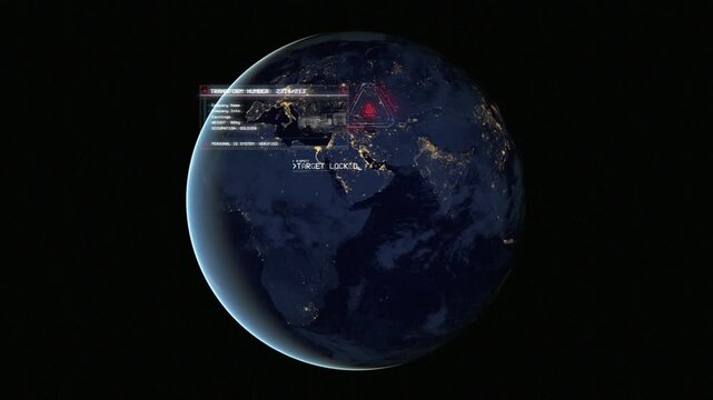 Radioactive Warning Symbol Over China on Spinning Globe HUD Display