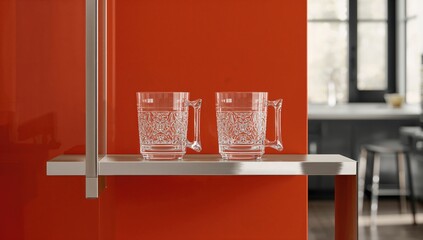 Clear stylish eyewear displayed on a shelving unit against a vibrant wall