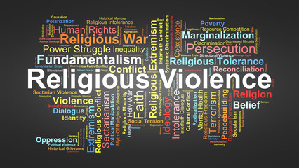 Religious Violence Word Cloud. Concepts Related To Faith, Conflict, Extremism, Persecution, And The Complex Social, Political, And Ideological Factors Driving Religious Aggression.