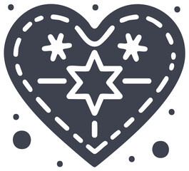 Gingerbread heart cookie icon with a six pointed star and snowflake decorations for the winter holidays