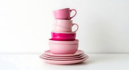 Stacked Pink Tableware Still Life on White Backdrop, Plates Bowls Cups Arrangement, Kitchenware Composition, Clean Minimalist Photography