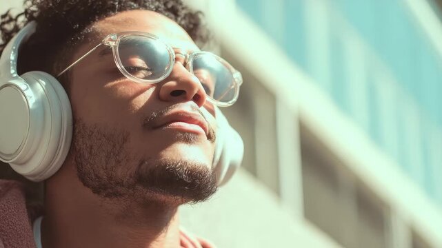 Young man with curly hair enjoys relaxing music outdoors, wearing stylish sunglasses and large white headphones. He basks in the sunlight, eyes closed in peaceful contentment