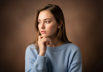 Young caucasian woman thinking hand on chin casual pastel blue jumper looking sideways studio portrait soft brown background