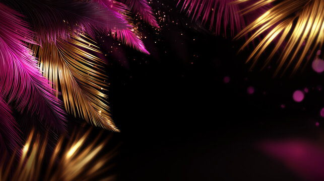 Golden and pink glitter feathers on dark luxury background with elegant burlesque vibe