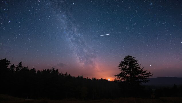 Fototapeta Evening sky featuring a meteor shower, shooting stars, and the Milky Way, ideal for astronomy enthusiasts