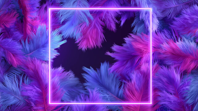 Neon glowing feathers frame with copy space on vibrant purple background