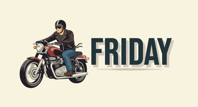 Friday vibes with a vintage motorcycle rider in helmet and leather jacket illustration