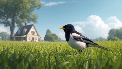 Fototapeta premium Copsychus saularis resting on grass