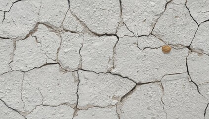 Fototapeta premium Close-up of a pale clay surface showing cracks and texture, symbolizing dryness and decay, ideal for backgrounds or graphic designs.