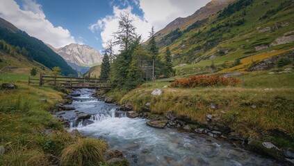 Stream flowing through a rocky canyon featuring a wooden ladder and bridge amid forest and hills