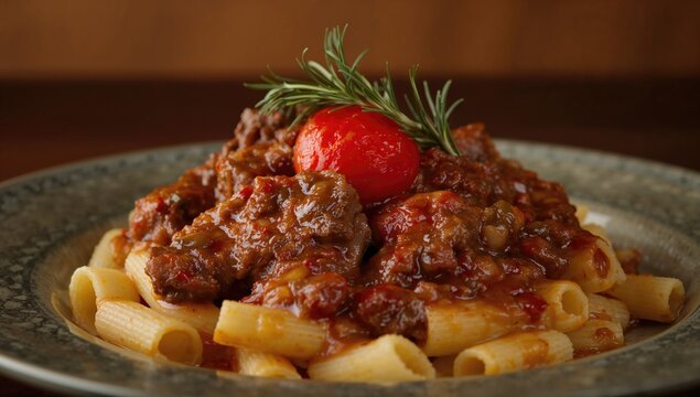 Hot sauce featuring deer and wild pig, accompanied by pasta and tomato decoration