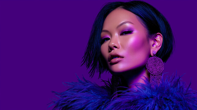 Fashion portrait of elegant asian woman with bold purple makeup and statement earrings