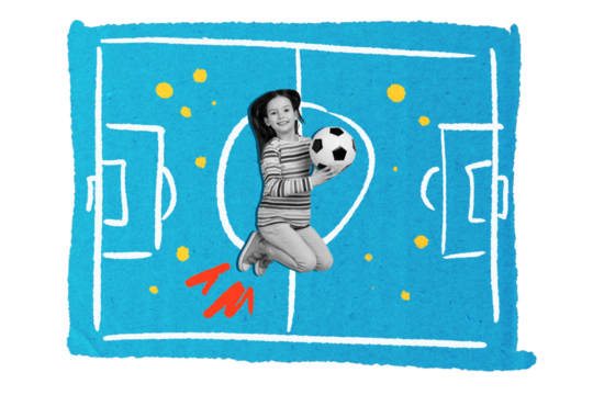 Composite photo collage of happy small girl jump football field hold ball game championship hobby isolated on painted background