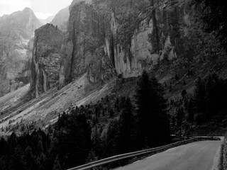 Mountain landscape along the road to Gardena Pass, Dolomites, Italy