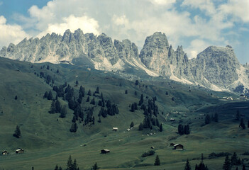 Mountain landscape along the road to Gardena Pass, Dolomites, Italy