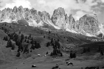 Mountain landscape along the road to Gardena Pass, Dolomites, Italy