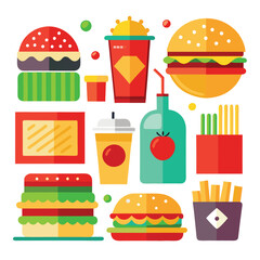 An illustration of various burger and fast-food items