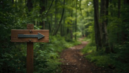 Directional arrow guiding through a forest path, navigation aid in natural surroundings