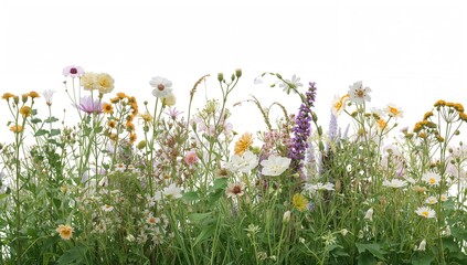 Assorted wildflowers and herbs arranged in a bouquet for use in botanical artwork such as collages, greeting cards, and invitations on a simple backdrop.