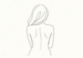 Fototapeta premium Minimalist line art of a womans back and hair, isolated on white background