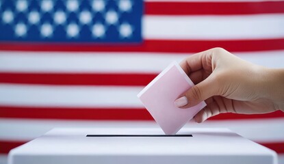 A hand inserts a ballot into a ballot box against a blurred American flag backdrop, symbolizing the act of voting in US elections