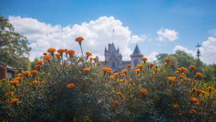 Orange marigold flowers thriving in a lush garden setting