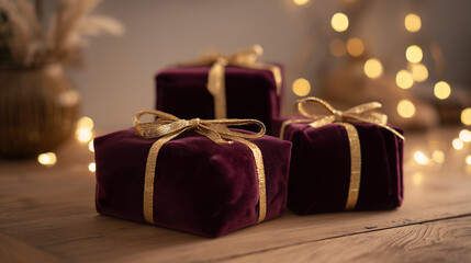 Three velvet Christmas gifts in rich purple with gold ribbons, placed on a wooden table. Soft bokeh lights create a warm festive atmosphere.
