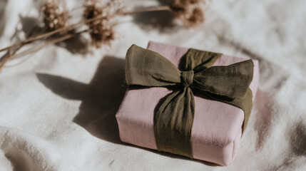 A beautifully wrapped pink gift box with a dark green ribbon sits on a soft, neutral fabric background. Dried flowers are placed nearby, enhancing the festive atmosphere.