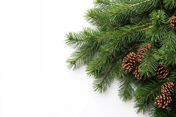 Obraz premium Brown pinecones and green pine branches set against a white backdrop, perfect for seasonal decoration and natural themes.