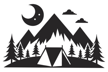 Black and white vector illustration of a serene forest camping scene with tents and trees