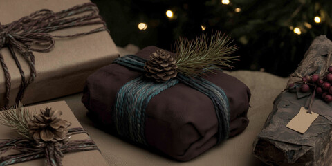 A collection of beautifully wrapped Christmas gifts. The presents are adorned with natural elements like pinecones and twine, set against a softly lit background.
