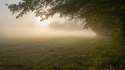 Fototapeta premium Fog enveloping a field on an autumn morning, highlighting seasonal change