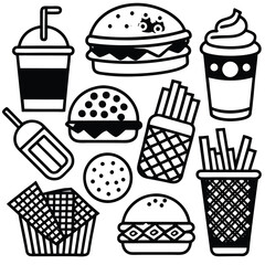 An illustration of various burger and fast-food items