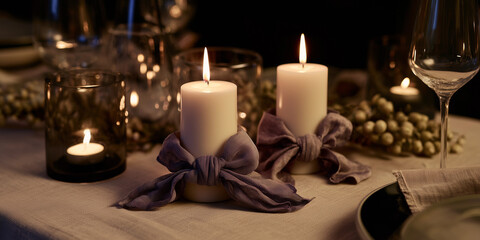 A cozy Christmas table setting with white candles tied with purple ribbons. Soft lighting creates a warm atmosphere, complemented by decorative elements and glassware.