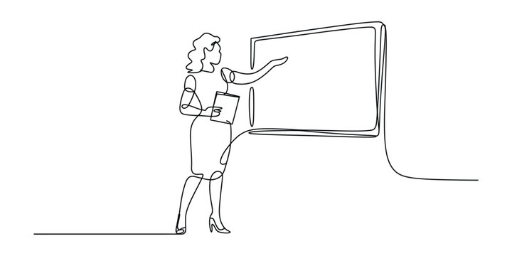 Continuous line drawing of a woman presenting at a whiteboard vector