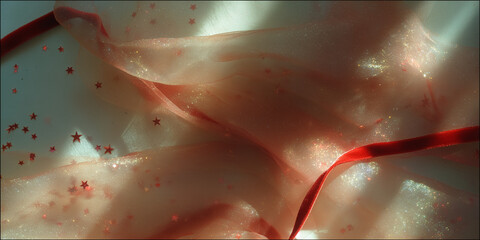 A soft, translucent fabric in shades of pink and red, adorned with sparkling glitter and a red ribbon, ideal for a Christmas banner design.