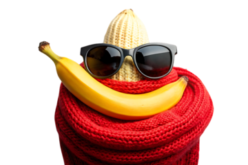 Corn and banana with black sunglasses arranged on red knitted scarf smiling, isolated on a transparent background