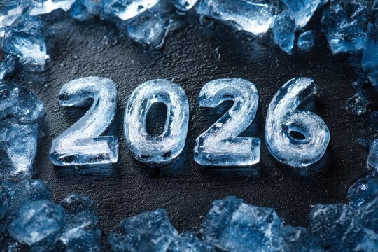 A captivating close-up presents the illuminated numbers "2026" meticulously crafted from ice, centered on a dark, textured surface. Surrounding these frosty digits, various sized ice shards are scatte