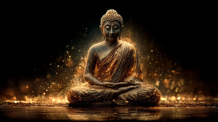 Epic background of thai buddha in the center of image sitting position with fire effect around.