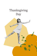 Composite collage image of funny small girl dancing thanksgiving day celebration holiday concept billboard comics zine minimal